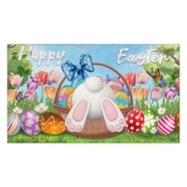 boilopp home Happy Easter Door Mat, Welcome Easter Doormat, Easter Decor Non Slip Bunny Egg Rug Flowers Floor Mat 17"x30" Spring Decorations for Indoor Outdoor (Easter 3, 17"x30")