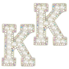 Iron On Patches for Clothing, Sparkly Rhinestones and Elegant Pearls A-Z Sew Decorative Letter Patch Glitter Alphabet Applique Rhinestone Pearl English DIY Craft Supplies-2K