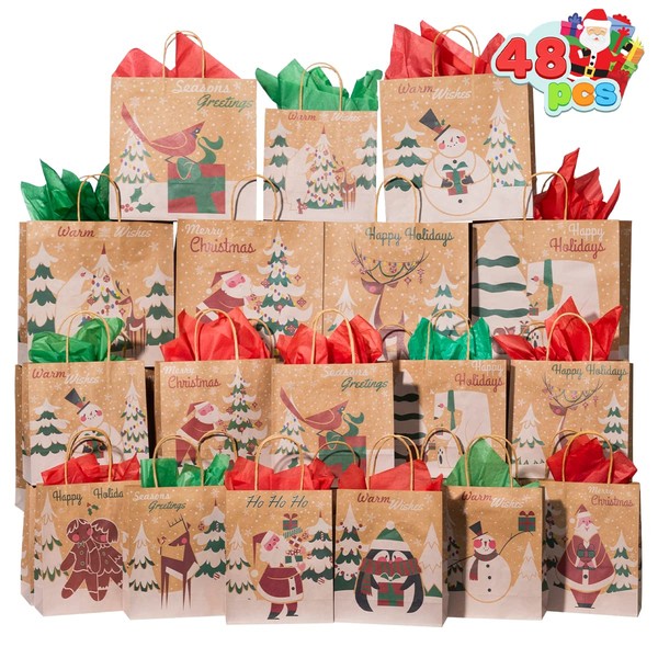 JOYIN 48 PCS Christmas Kraft Gift Bags with Assorted Christmas Prints for Kraft Bags in Different Sizes, Christmas Goody Bags, Xmas Gift Bags, School Classrooms, and Party Favors