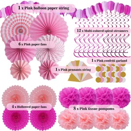 Huryfox Pink Party Decorations - 33pcs Mexican Themed Hanging Paper Fans, Rainbow Paper Pom Poms, Fiesta Bunting and Tissue Streamers for Birthday, Festival, and Rainbow Parties