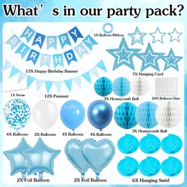 Aurmonigo Blue Birthday Decorations Set - 64Pcs Happy Birthday Banner Bunting Honeycomb Balls Hanging Double Spirals, Heart Foil Balloons Star Decoration for Men and Boys Birthday Party