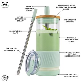 Pandaloo® Glass Cups With Lids and Straws -20 Fl Oz- Perfect Size Iced Coffee Cup - Smoothie Cup With Bamboo Lid and On the go Lid (Sweet Sage, 1 Count (Pack of 1)