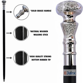 Vintage Walking Cane – 36” Wooden Stick with Silver Solid Brass Victorian Handle - Black Natural Wood Walking Cane for Men & Women | Fancy Gift Accessory.