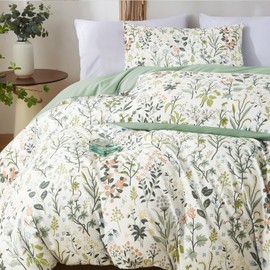Sedefen Green Botanical Floral Duvet Cover Set Full Size Reversible 3 Pieces Soft Microfiber Sage Green Comforter Cover with Zipper Ties for Men Women