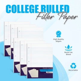 Notebook Paper College Ruled, Loose Leaf Paper College Ruled Notebook Filler Paper, Lined Filler Paper for 3 Ring Binders - 10.5” X 8", for College, School Classroom - 100 Sheets/Pack (6 Pack)