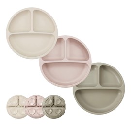 PandaEar 3 Pack Toddler Plates, Divided Suction Silicone Baby and Toddler Plates,Non-Slip - Dishwasher and Microwave Safe (Brown Tea Flax)