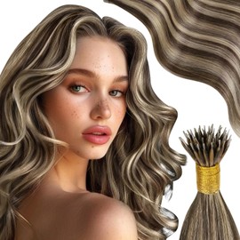 Moresoo Nano Hair Extensions Real Human Hair Dark Brown with Platinum Blonde Nano Beads Hair Extensions 20 Inch Nano Ring Hair Extensions 1g/s 50g/Pack #P4/27