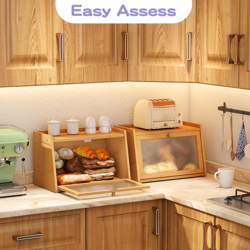 Wieghda Large Farmhouse Bread Box with Window - Natural Wood