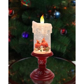 MOMENTS IN TIME LED Lighted Spinning Water Candle with Cardinals 10”H Acrylic Glitter Candle Decor Battery Operated Christmas Decoration Light-Up Holiday Lantern for Home Décor