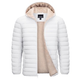 Cotrasen Mens Hooded Puffer Jacket Fleece Lined Insulated Jacket for Men Full Zip Up Warm Winter Coats White XL