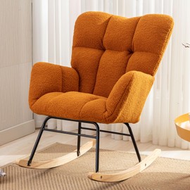 Sudwesto Modern Nursery Rocking Chair, Upholstered Glider Chair with High Backrest, Rocker Accent Armchair with Solid Wood Legs for Nursery Bedroom Living Room (Caramel Teddy)