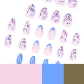 KQueenest Blue French Tip Press on Nails Short Almond with Blueberry Pattern Full Cover Natural Nude Fake Nails Short Stiletto French False Nails Cute Stick on Nails for Women 24 Pcs