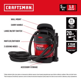 CRAFTSMAN CMXEVBE17925 5 Gallon 5.0 Peak HP Wet Dry Vac, Portable and Wall-Mountable Shop Vacuum with Filter, 2 Hoses and Attachments for Garage and Automotive Cleaning
