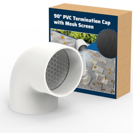 Pearwow PVC Vent Termination Cap, 1 Pcs Roof Vent Cap with Pipe Screen, 90-Degree Elbow for 2" Schedule 40 Round PVC Pipe, Vent Cover with Stainless Steel Mesh Screen for Blocking Leaves