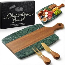 Green Marble Cutting Board Marble and Wood Charcuterie Board Gift Set House Warming Gifts New Home with Cheese Knives Acacia Cheese Platter with Handle for Valentine's Day Wedding Party Gift(Square)