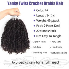 Datanala Yanky Twists Crochet Braiding Hair 14 Inch 9 Packs Crochet Hair with Curls Micro Spring Twists Crochet Hair Pre-looped Curly Crochet Braids Hair Extensions for Women (4#, 14inch)