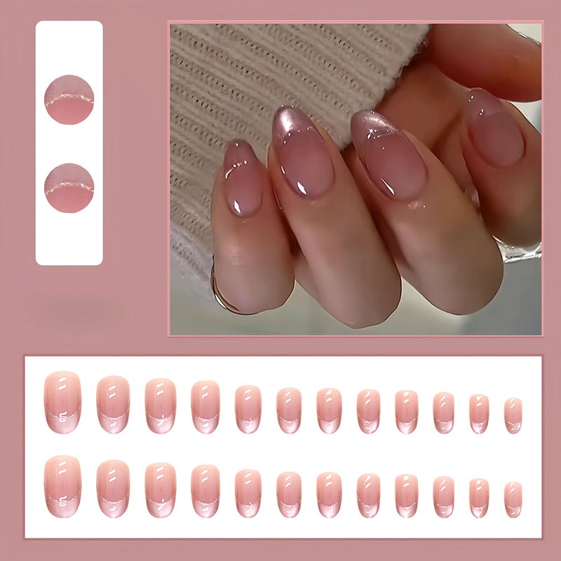 Press On Nails Oval Medium Length (Pink French, Normal)