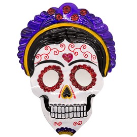 Handcrafted Tin Day of the Dead Skull from Mexico | Featuring Mirror Eyes and Vibrant Colors | Frida-Themed or Flower Design | Celebrate Loved Ones of El Día de los Muertos (Purple Frida Skull)
