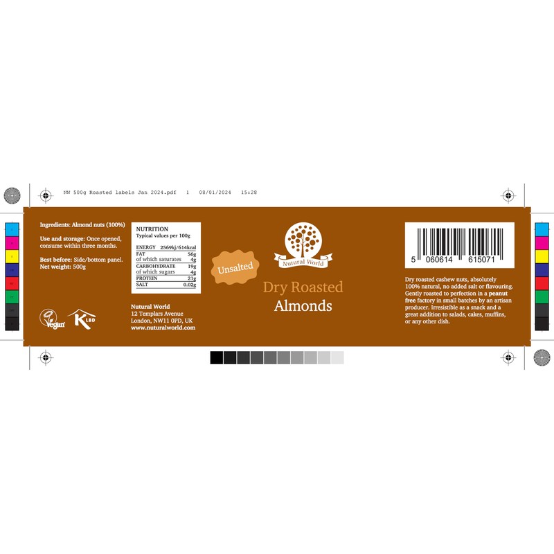 Nutural World Dry roasted Whole Almonds - Unsalted (500g)