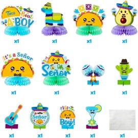 BeYumi 12Pcs Taco Baby Boy Gender Reveal Honeycomb Centrepiece - Mexican Fiesta Cinco De Mayo Style Table Topper for It's a Boy Celebrations, Ideal for Baby Showers and Family Parties