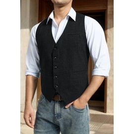 HISDERN Men's Suit Vest Herringbone Vest Wedding Men's Vest Formal Tweed Wool Vest Classic Basic Vests for Men, black