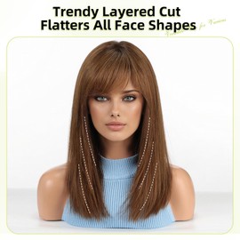 RSY 100% Human Hair Wigs for Women, Ombre Brown Shoulder Length Straight Layered Wig with Bangs, Natural Real Hair for Daily and Party Wear