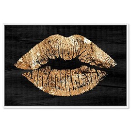 The Oliver Gal Artist Co. Fashion and Glam Framed Wall Art Canvas Prints 'Solid Kiss Night' Lips Home DÃ©cor, 30" x 20", Gold, Black