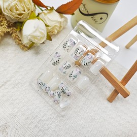 24Pcs Square Press on Nails Short Fake Nails White Acrylic Nails with Flower & Leaf Design Glossy Stick on Nails for Women Girls Full Cover False Nails Jelly Press on Nails Spring Summer Manicure
