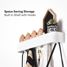 xympo Modern Wall-Mounted Coat Rack with Shelf – Heavy-Duty Steel, 5 Sturdy Hooks, Powder-Coated Finish, Space-Saving Entryway Organizer with Mounting Hardware – Sleek & Minimalist Design (White)
