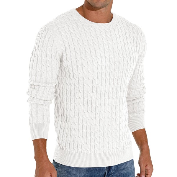Askdeer Men's Pullover Sweater Crewneck Classic Soft Knitted Sweaters with Ribbing Edge White