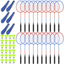 Chitidr 20 Pcs Badminton Rackets Set with 24 Shuttlecocks and 6 Carrying Bags, Sturdy Lightweight Badminton Rackets Racquet for Adults Beginners Indoor Outdoor Backyards(Blue-red Cross)