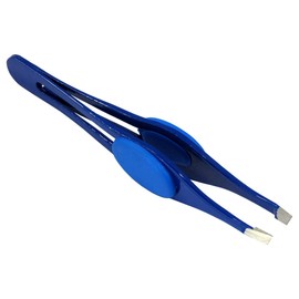 HTS 172G4 4" Blue Slanted Eyebrow Tweezers with Silicone Pads