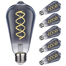 Kiraralite ST19(ST58) LED Smoky Grey Glass Edison Bulb, Vintage, 6 Pack, Daylight 5000K, Antique Flexible Spiral LED Filament Light Bulb, Dimmable, 300LM, 4.5W Equivalent to 40W, E26 Base