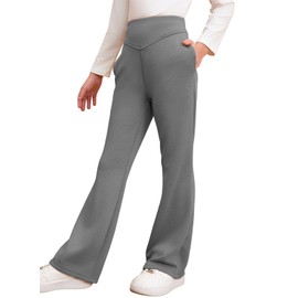 blibean Teen Girls Flare Pants Big Kid Fall Bell Bottom Leggings Solid Casual School Uniform Elastic High Waist Pant Spring Formal Wide Leg Legging with Pockets Size 6-7 Year Old Grey