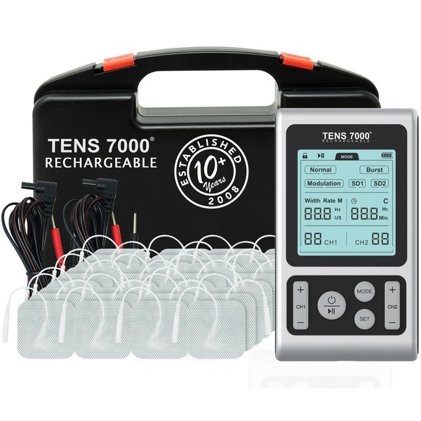 TENS 7000 Rechargeable TENS Unit Muscle Stimulator, 48 Pack Electrodes