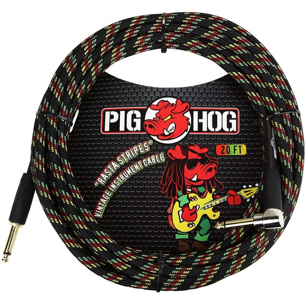 Pig Hog PCH20RAR Right-Angle" to 1/4" Rasta Stripes Guitar Instrument