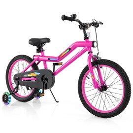 BABY JOY Lighted Kids Bike, 18 Inch LED Lighted Frame Children Bicycle with Headlight, Adjustable Seat, Training Wheels, Coaster Brake & Handbrake, Girls Boys Bike for 4-8 Years (Pink)