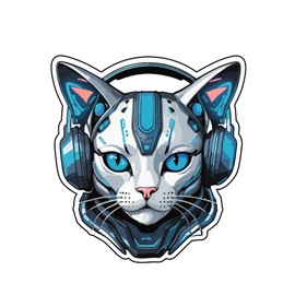 Set of 3 - Cyberpunk Cat Gaming Headset Vinyl Die-Cut Sticker, Blue and White,SUV, Van, Window, Bumper, Wall, Laptop, Tablet, Cup,Tumbler Or Any Smooth Surface