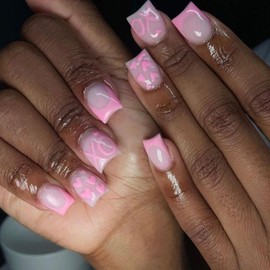 24 Pcs Cute Extra Short Press on Nails Square - YEFIUO White Nail Tips Acrylic Nail Kit Heart Nail Art Fake Nails Press ons Pink French Glue on Nails Full Cover False Nails for Women