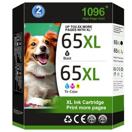 65XL Black/Tri-Color Ink Cartridges (2-Pack) for HP Ink 65 65XL High-Yield for HP 65XL Work with HP DeskJet 3755 3772 3700 2622 2600 Series, Envy 5000 5055 5070 Series, AMP 100 Series Printer T0A36AN