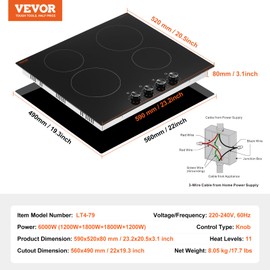 VEVOR Electric Cooktop, Built-in Electric Stove Top, with Glass Panel, Knob Control, 11 Heat Levels, for Diverse Cooking Requirements (24inch-4burners/220V)
