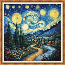 DMCXART Counted Cross Stitch Kits for Adults Needlepoint Kits Unprinted Cross Stitching Embroidery Kit 11CT Cross Stitch Supplies-Van Gogh's Starry Night Home 18x18 inch