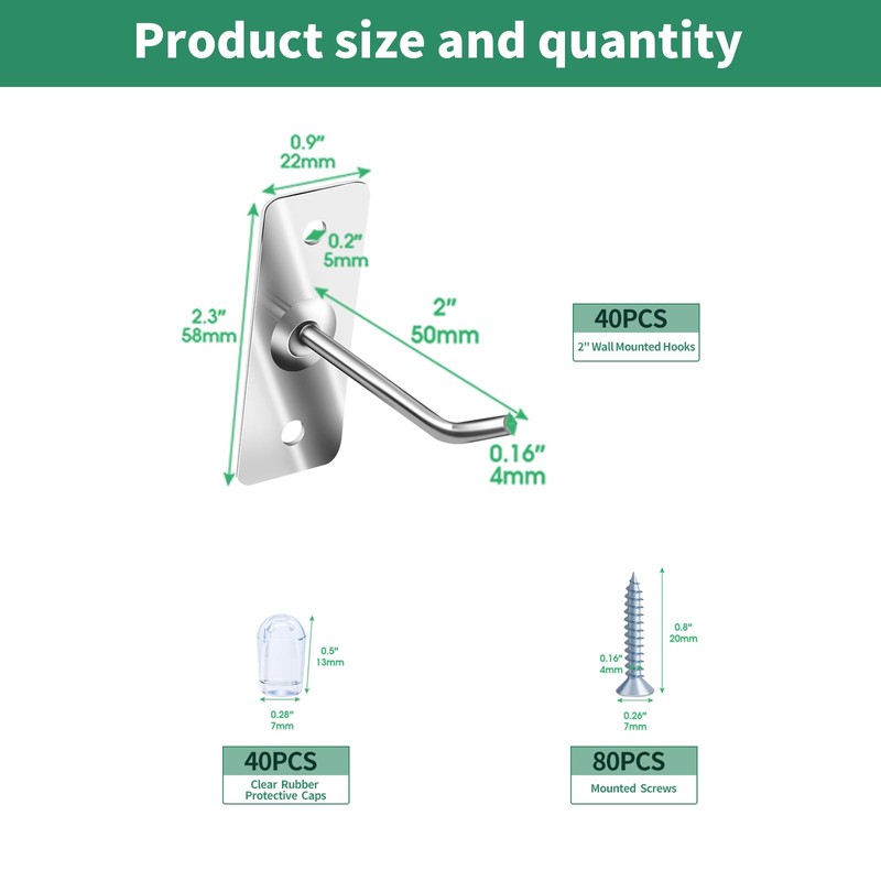 Yauhar 40 Pcs 2"/5CM Stainless Steel Wall Mounted Hooks with