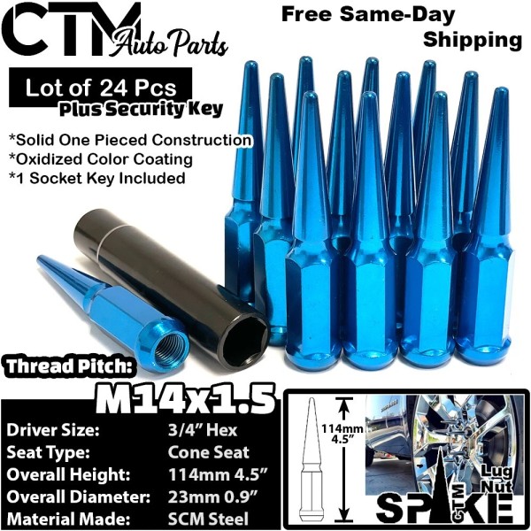 CTM 24x 4.5" Tall 14x1.5 Blue Spike Lug Nut Key