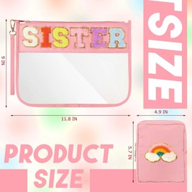 SUILU 2 Pcs Cosmetic Makeup Bag with Chenille Letter Patch,with Handles PVC Waterproof Clear Makeup Bag,Portable Toiletry Storage Bag, Sister, 15.8 x 25 inches