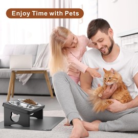 Solid Wood Elevated Cat Bowls with Silicone Food Mat, 15° Tilted Raised Cat Food and Water Dishes, Anti-Vomiting Design, 2 Stainless Steel Bowls for Cats & Small Dogs (Black)