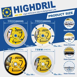 HIGHDRIL 3" 75mm Circular Saw Blade Set 4pcs - Diamond/HSS/Carbide Cutting Disc for Angle Grinder Cutting Soft Metal Copper Aluminum Tile Marble Granite Plastic Wood Glass