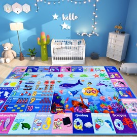 DINSUMRUG ABC Kids Rug for Playroom 59"×78.7" Ocean Mat Baby Play Mat Alphabet Mat Sea Animal Number Shape Classroom Carpet Kids Playroom Rug Early Learning Carpet for Preschool Toddlers
