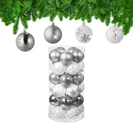 Relaxdays Christmas Baubles Set of 30 Plastic Diameter 6 cm Round Christmas Tree Decoration Shatterproof Silver / White