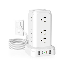 Surge Protector Power Strip Tower, Flat Plug Power Strip with 12 Outlets 4 USB Ports PD20W, 6Ft Extension Cord with Multiple Outlets, Desk Charging Station Tower for Travel Home Office Dorm
